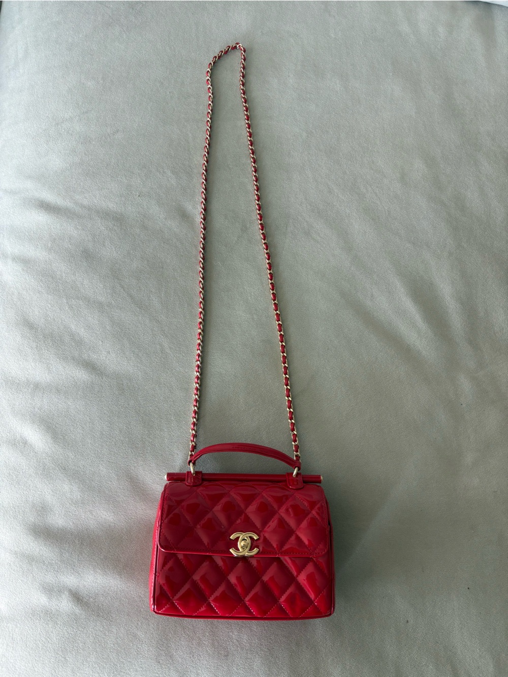 CHANEL Red Quilted Patent Mini Flap Crossbody with Gold CC